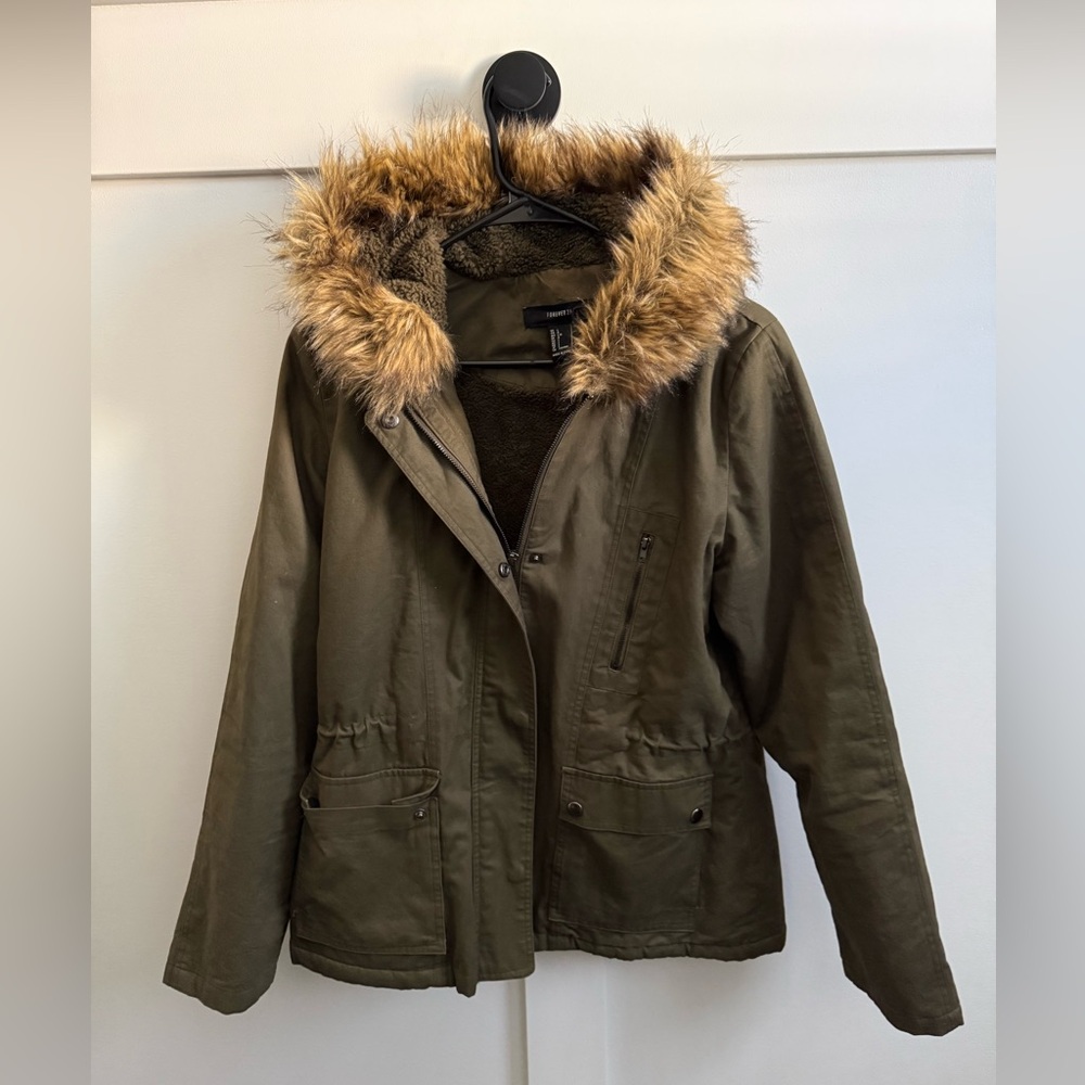 Forever 21 Khaki Fur-Trimmed Utility Jacket
